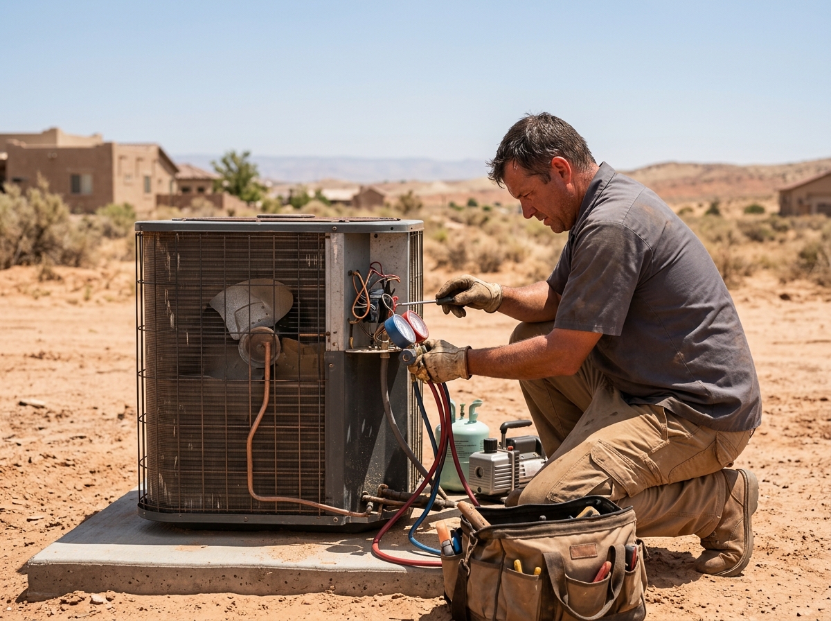 Marlin Plumbing Heating & Air technician repairing an AC unit on a St. George, Utah home during summer heat
