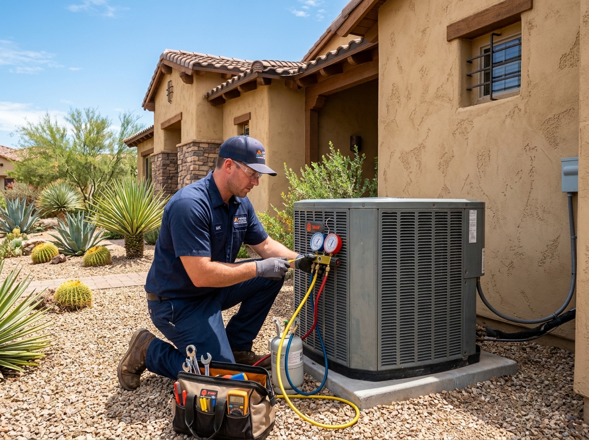 Marlin Plumbing Heating & Air technician servicing an air conditioning unit in St. George, Utah