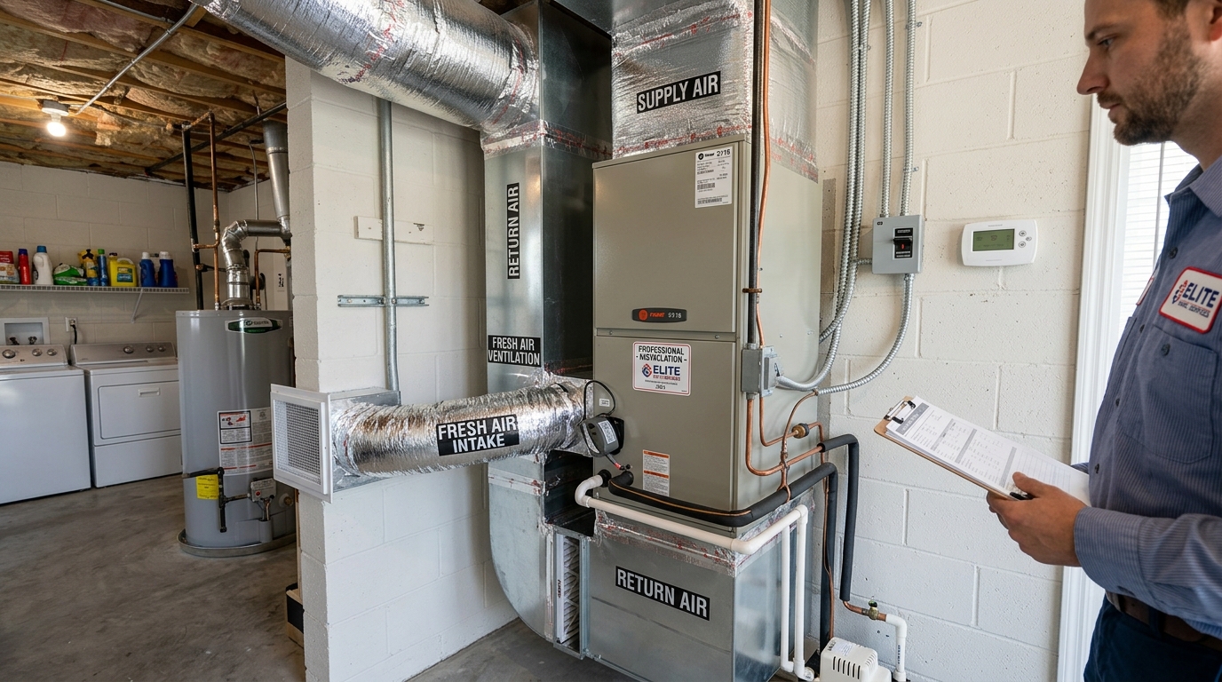 Marlin Plumbing technician servicing an air handler unit in a St. George, Utah home