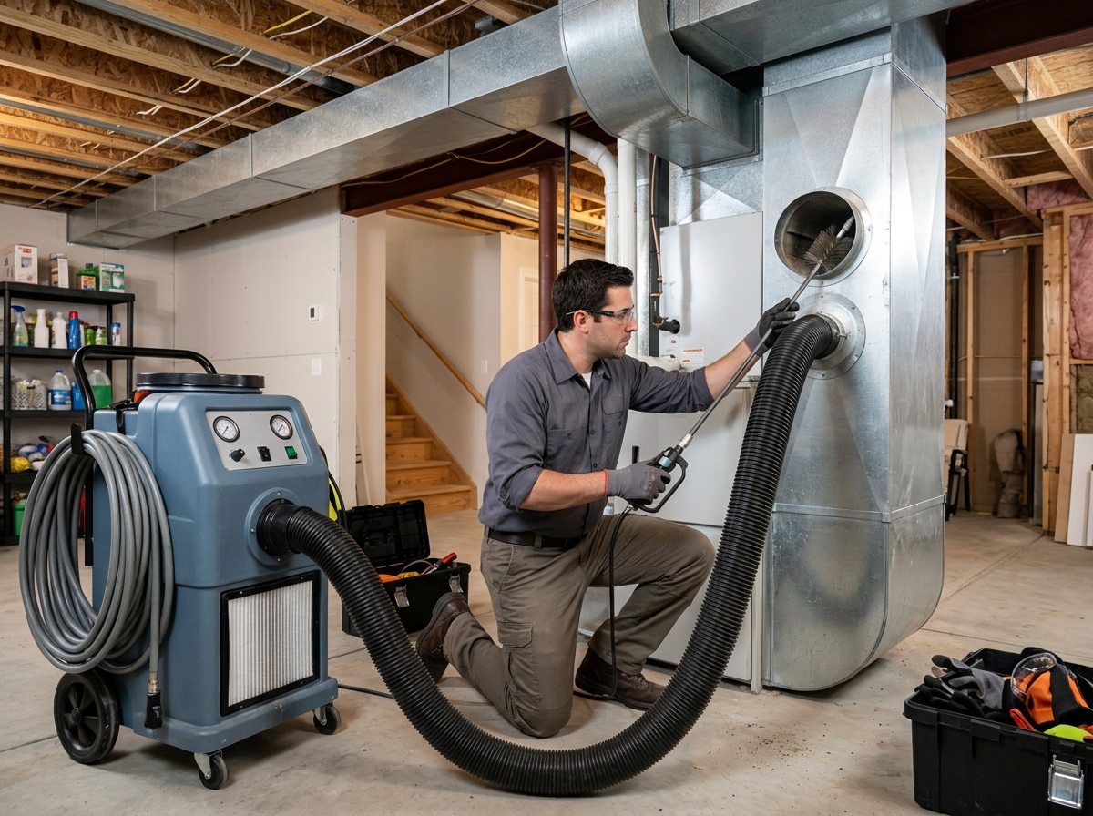 Marlin Plumbing technician performing professional duct cleaning in a St. George, Utah home