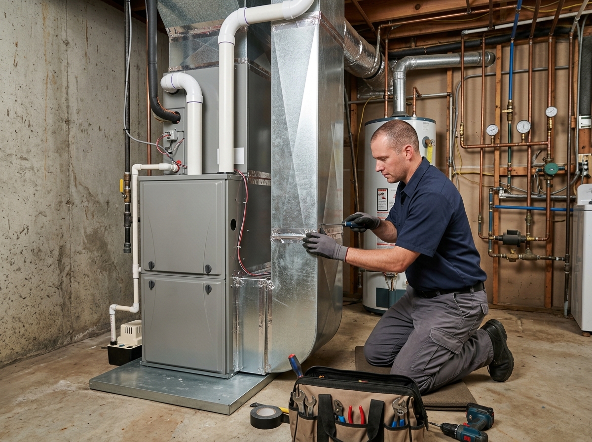 Marlin Plumbing Heating & Air technician installing a new high-efficiency furnace in a St. George, Utah home