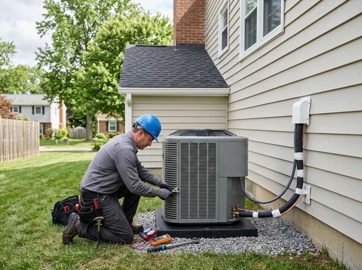 Marlin Plumbing Heating & Air technician servicing a heat pump system at a St. George, Utah home