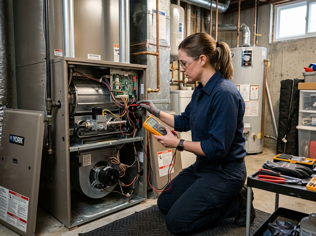 Marlin Plumbing Heating & Air technician servicing a furnace in St. George, Utah