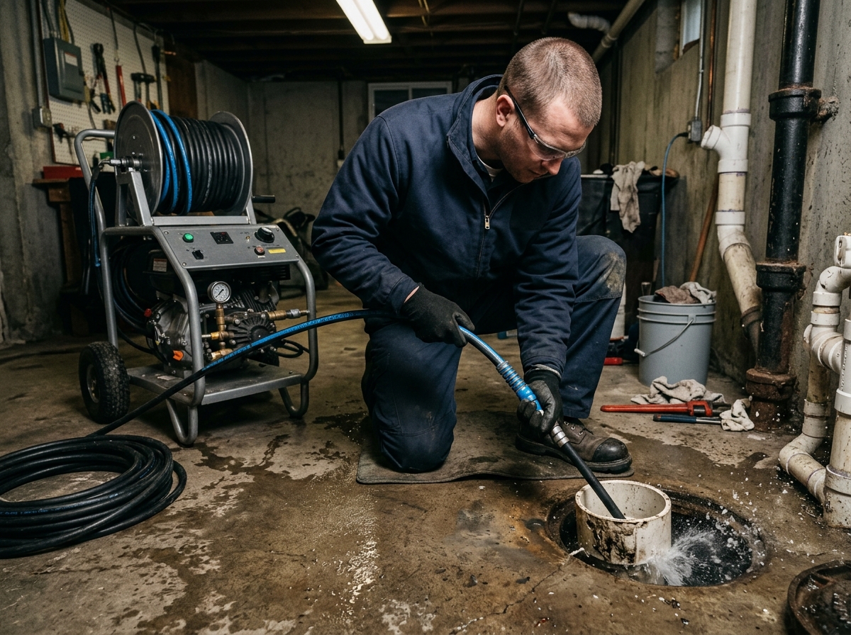 Marlin Plumbing technician performing hydro-jetting service on a drain line in St. George, Utah