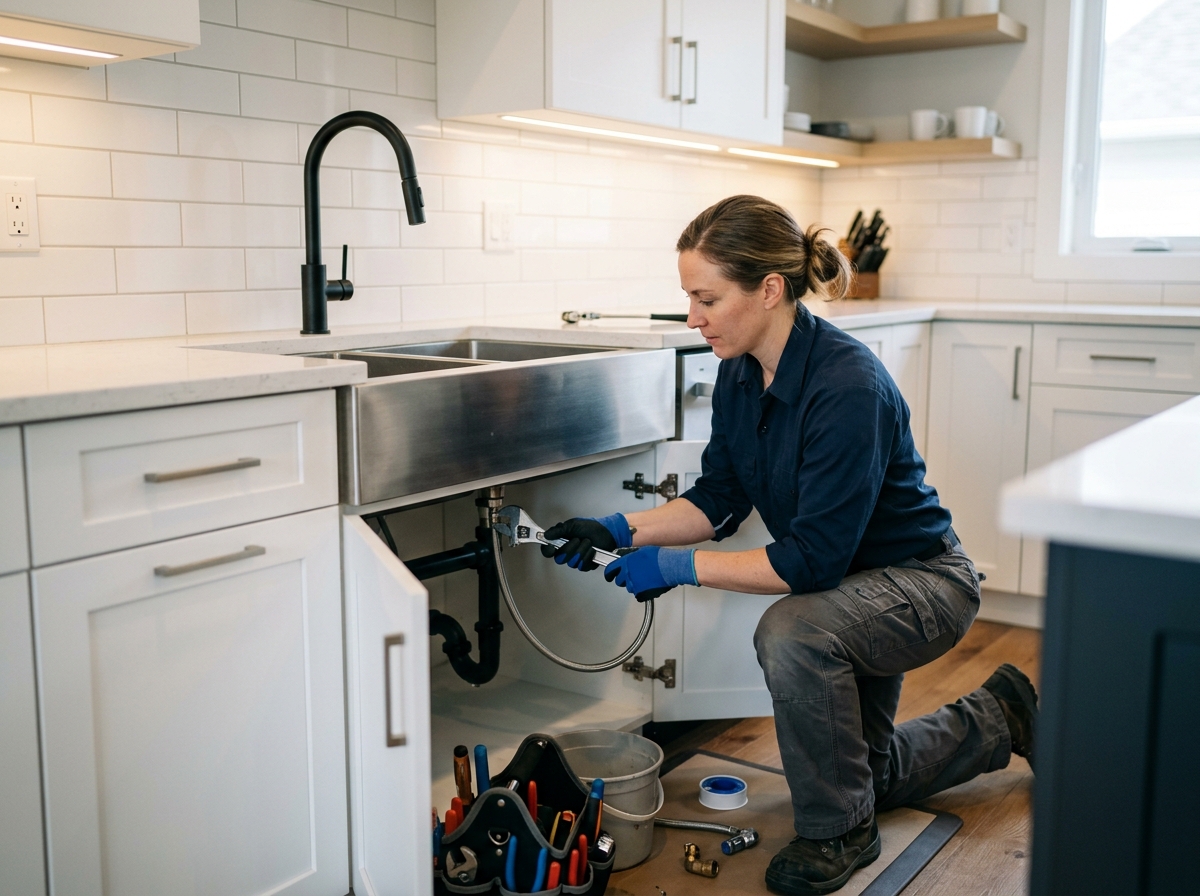 Marlin Plumbing technician installing a kitchen sink in a St. George, Utah home