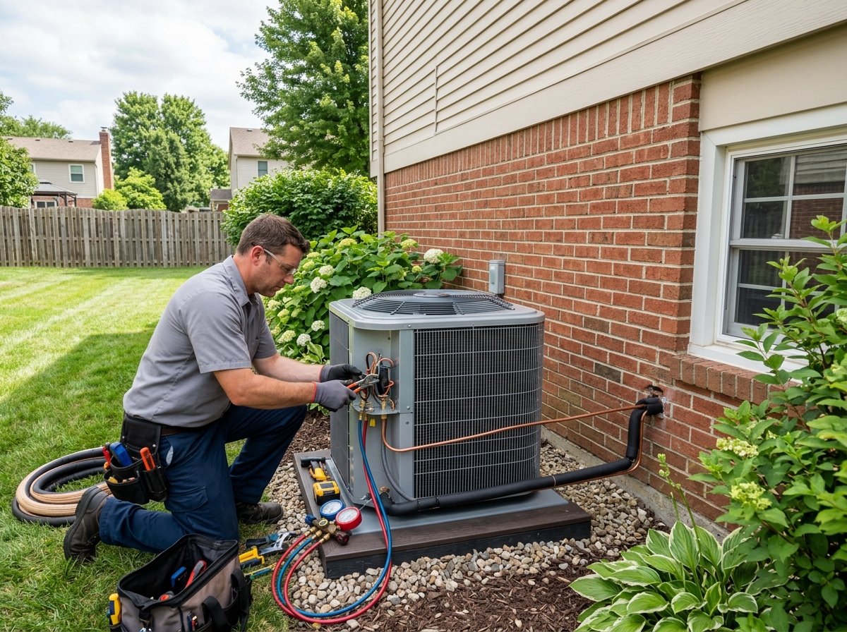 Marlin Plumbing Heating & Air installing a new high-efficiency central air conditioning system on a St. George, Utah home
