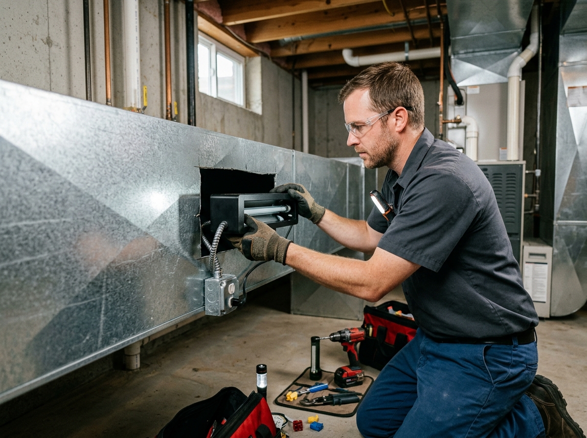 Whole-home air purifier installed in ductwork by Marlin Plumbing technician in St. George, Utah