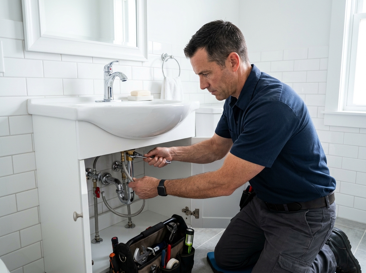 Marlin Plumbing technician completing bathroom plumbing work in St. George, Utah